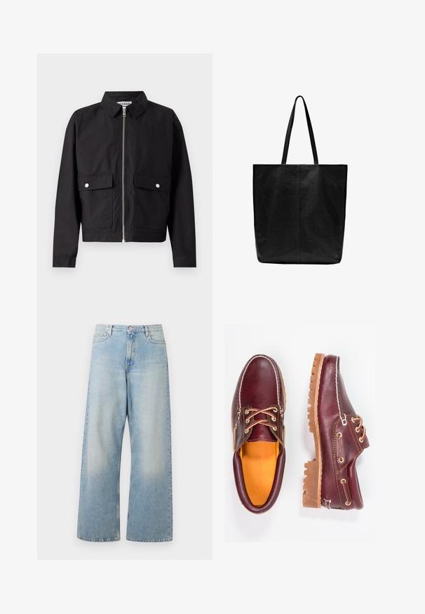 Černá bunda se zipem vpředu, krátkým límcem a dvěma předními kapsami. Látka vypadá hladce a je voděodolná. Jednoduchý design, bez vzorů.; Bílý bavlněný top na ramínka s kulatým výstřihem, širokými ramínky a rovním lemem, s hladkou texturou a bez viditelných vzorů.; Světle modré široké džíny vyrobené z denimu, s vysokým pasem, předními kapsami a vybledlým umytím s jemným zažloutlým efektem na stehnech.; Burgundské kožené boty s hnědými gumovými podrážkami, kulatou špičkou, bílým prošíváním a zlatými očky. Interiér obsahuje žlutou podšívku.; Černá kožená taška přes rameno s dlouhými plochými madly. Jednoduchý design, obdélníkový tvar, hladký povrch a žádné viditelné kovové části či ozdoby.
