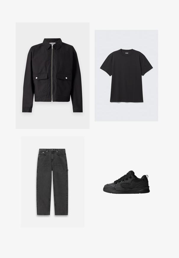 Fekete dzseki cipzárral elöl, rövid gallérral és két elülső zsebbel. Az anyag sima és vízállónak tűnik. Egyszerű dizájn, nincsenek minták.; Fekete, rövid ujjú póló, pamutból készült. Kerek nyakkivágással és laza szabással rendelkezik. Egyszerű dizájn, melyen nincsenek minták vagy díszítések.; Sötétszürke farmernadrág egyenes szárú kialakítással, öt zsebes stílusban, látható gombbal és cipzárral záródik. Minimális díszítéssel rendelkezik.; Fekete sportcipő texturált felsőrésszel, fűzőkkel, légáteresztő hálós részletekkel, párnázott bokarésszel és tartós talppal.