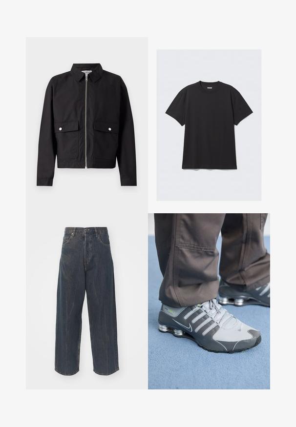 Musta takki, jossa on vetoketjullinen etuosa, lyhyt kaulus ja kaksi etutaskua. Kangas näyttää sileältä ja vettä hylkivältä. Yksinkertainen muotoilu, ilman kuvioita.; Mustat lyhythihaiset t-paidat, jotka on valmistettu puuvillasta. Ominaisuuksiin kuuluu pyöreä kaula-aukko ja rento istuvuus. Yksinkertainen muotoilu ilman näkyviä kuvioita tai koristeita.; Laaja lahje tummansiniset farkut, joissa on hienovarainen kulutustekstuuri, viisi taskua ja klassinen nappi- ja vetoketjusuljenta vyötäröllä.; Harmaat ja hopeiset Nike Shox -tennarit ovat tyylikkään muotoilun omaavia, joissa on verkko- ja synteettisiä materiaaleja, pyöreä kärki ja pehmustettu nilkkareunus.