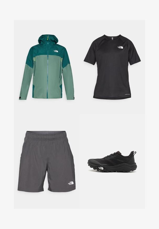 Vízálló dzseki cipzáros elülső résszel, kapucnival és két oldalsó zsebbel. Puha, textúrált zöld anyagból készült, sötétzöld kiegészítőkkel és cipzárakkal.; Fekete, rövid ujjú sportpóló struktúrált anyagból, bal mellen fehér logóval és egyenes aljjal.; Szürke, könnyű anyagú nadrág, elasztikus derékpánttal, oldalsó zsebekkel és egy apró fehér logóval a bal alsó lábszáron. Simább textúra és laza dizájn.; Fekete terepfutó cipő, textúrált felső résszel, gumitalppal és megerősített lábujjrészével. Párnázott bokarésszel és húzófüllel rendelkezik a könnyű felhúzáshoz.