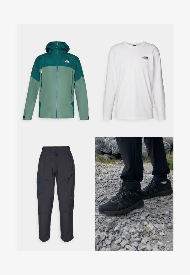 Wasserabweisende Jacke mit einem Reißverschluss vorne, Kapuze und zwei Seitentaschen. Hergestellt aus weichem, strukturiertem grünem Stoff mit dunkelgrünen Akzenten und Reißverschlüssen.; Weißes langärmliges T-Shirt aus Baumwolle mit Rundhalsausschnitt. Verfügt über ein kleines schwarzes Logo auf der Brust. Glatte Textur, reguläre Passform.; Schwarze Cargo-Hosen aus leichtem, wasserabweisendem Material; verfügen über einen elastischen Bund, mehrere Reißverschlusstaschen und schmal zulaufende Beine.; Schwarze Outdoor-Schuhe aus Mesh und synthetischem Material, mit einer strukturierten Oberseite, gesichertem Schnürsystem und griffiger Laufsohle, auf felsigem Gelände.