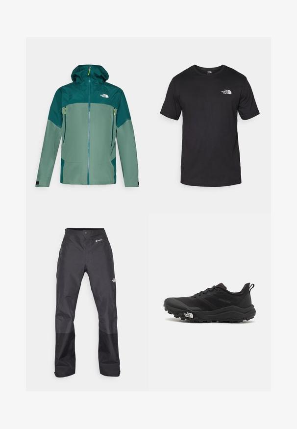 Ūdensnecaurlaidīga jaka ar iešūtu priekšpusi, kapuci un divām sānu kabatām. Izgatavota no mīkstas, teksturētas zaļas auduma ar tumši zaļiem akcentiem un rāvējslēdzējiem.; Melna īsām piedurknēm T-krekls, kas izgatavots no kokvilnas, ar apaļu dekoltē un nelielu baltu logotipu augšējā kreisajā krūtīs.; Melni ūdensnecaurlaidīgi bikses ar gludu tekstūru, ar GORE-TEX logo priekšpusē un pastiprinātiem apakšējiem matiņiem izturībai.; Melnas taku skriešanas kurpes ar teksturētu virsu, gumijas zoli un pastiprinātu pirkstu daļu. Aprīkotas ar mīkstu apkakli un vilkšanas cilpu, lai viegli uzvilktu.