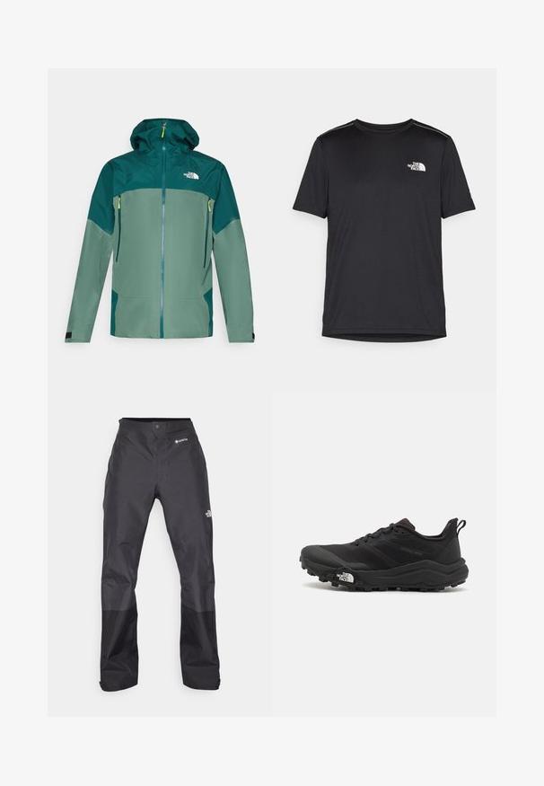 Nepromokavá bunda se zipem vpředu, kapucí a dvěma bočními kapsami. Vyrobena z měkké, strukturované zelené tkaniny s tmavě zelenými akcenty a zipy.; Černé tričko s krátkým rukávem vyrobené z lehkého materiálu. Má malé bílé logo na levé části hrudi a decentní akcenty na ramenech.; Černé voděodolné kalhoty s hladkou texturou, na přední straně s logem GORE-TEX a s zesílenými dolními nohavicemi pro větší odolnost.; Černé trailové běžecké boty s texturovaným svrškem, gumovou podrážkou a vyztuženou špičkou. Obsahují polstrovaný límec a poutko pro snadné obouvání.