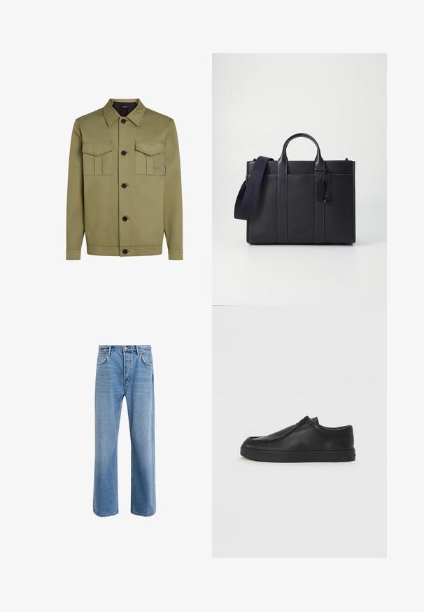 Olive zöld, sima anyagból készült dzseki, klasszikus gallérral, két melletti zsebbel és fekete gombokkal az elején.; Fényzöld ingdzseki sima anyagból; két elülső zseb, fekete gombok és egy kis logós folt található az ujján.; Világoskék farmernadrág, egyenes szárú fazonnal, öt zsebbel, gombos záródással, minimális kopással és kontrasztos varrással.; Fekete bőr slip-on cipő lekerekített orral, varrott részletekkel és fekete gumitalppal. Simaság és minimalista dizájn jellemzi.; Sötét tengerészkék bőr aktatáska, dupla felső fogantyúval és levehető pánttal. Texturált felülettel, függőleges varrással és logó részlettel rendelkezik.
