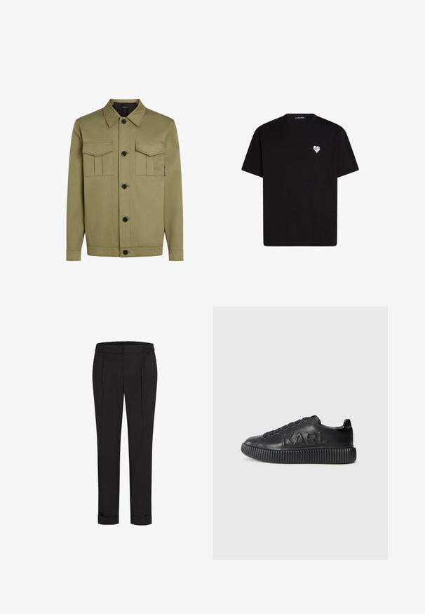 Alyvuogių žalia striukė, pagaminta iš lygios medžiagos, su klasikiniu apykakle, dviem krūtinės kišenėmis ir juodais mygtukais priekyje.; Juodas medvilninis marškinėliai su trumpomis rankovėmis, apvaliu iškirpimu ir mažos baltos širdelės grafika kairėje krūtinės pusėje.; Juodi kelnių su elastinga juosmena, tiesaus kirpimo ir sukurtomis rankovėmis. Pagaminti iš lygaus, audinio be raštų.; Juoda sneaker'iai, pagaminti iš lygios odos, su storu rakteliais dekoruotu padu ir iškilmingu prekės ženklu. Klasikinis batų raištelių modelis su apvaliais akių skylutėmis.