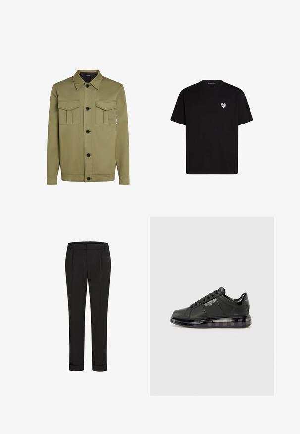 Olive zaļš žakets, izgatavots no gludas auduma, ar klasisku apkakli, divām krūšu kabatām un melniem pogām priekšpusē.; Melna kokvilnas t-krekls ar īsām piedurknēm, apaļu kakla izgriezumu un nelielu baltu sirds grafiku kreisajā krūšu daļā.; Melni bikses ar elastīgu jostu, ar taisna piegriezuma dizainu un sarullētām piedurknēm. Izgatavotas no gluda, auduma bez rakstiem.; Melnas sporta kurpes ar gludu ādas virsu, noapaļotu purngalu un saistīšanas dizainu. Iezīmē skaidru, mīkstu zoli ar tumšu gradientu.
