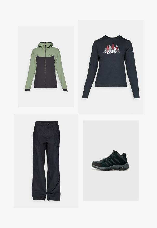 Dynafit TRANSALPER - Windjack - sage; Langsluitend donkergrijs shirt met lange mouwen, versierd met een grafisch ontwerp van rode bomen en bergen; het "COLUMBIA"-logo in vet witte tekst. Zacht materiaal, standaard ronde hals.; Columbia BREA FALLS™ COTTON RIPSTOP PANT - Outdoorbroeken - black; Columbia REDMOND - Outdoorschoenen - black/citron haze