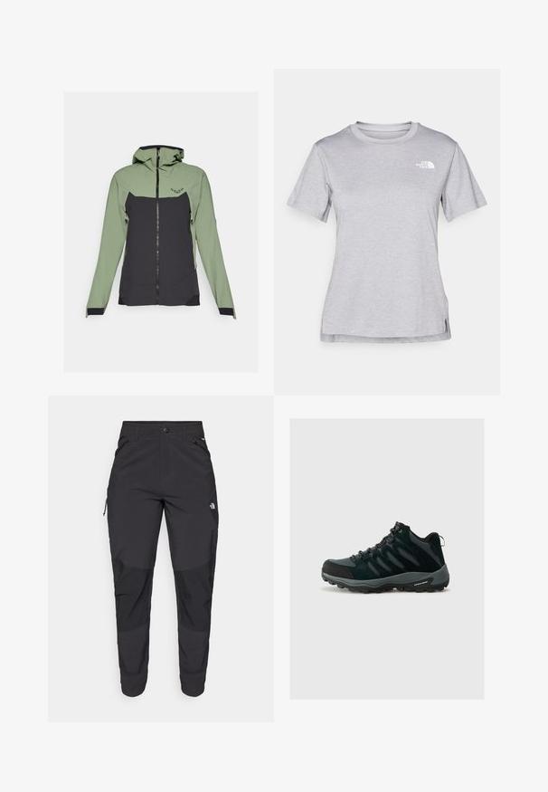 Dynafit TRANSALPER - Veste coupe-vent - sage; T-shirt gris à manches courtes fabriqué en tissu doux et évacuant l'humidité. Il présente un col rond et un petit logo blanc en haut à gauche.; Pantalons noirs d'extérieur en tissu durable. Dotés de poches zippées, de panneaux de genoux renforcés et d'une coupe droite pour une meilleure mobilité.; Columbia REDMOND - Chaussures de marche - black/citron haze