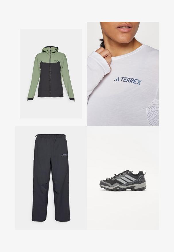 Dynafit TRANSALPER  - Tuulitakki - sage; Valkoinen pitkähihaisen paita, jossa on sininen "TERREX" -logo. Kangas on kevyt ja siinä on tekstuuriset verkkoakkentit olkapäissä.; Mustat, kevyet ulkoiluhousut, joissa on joustava vyötärö, sivutaskut ja logo oikeassa yläreunassa. Sujuva, vettä hylkivä kangas.; Musta ja harmaa vaelluskengät, joilla on teksturoitu pinta, kumipohja ja kolme näkyvää harmaata raitaa sivulla; varustettu nopealla nauhakiinnitysjärjestelmällä.