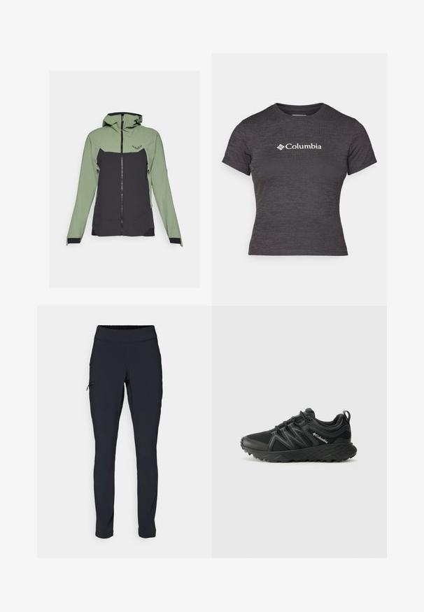 Dynafit TRANSALPER - Jachetă de vânt - sage; Tricou scurt gri închis, cu mânecă scurtă, fabricat dintr-un material texturat, cu guler rotund, având un logo alb Columbia pe piept.; Pantaloni atletici negri cu o croială ajustată, talie elastică și un buzunar lateral cu fermoar. Material neted și elastic cu cusături minime.; Columbia PEAKFREAK - Pantofi drumeție - black
