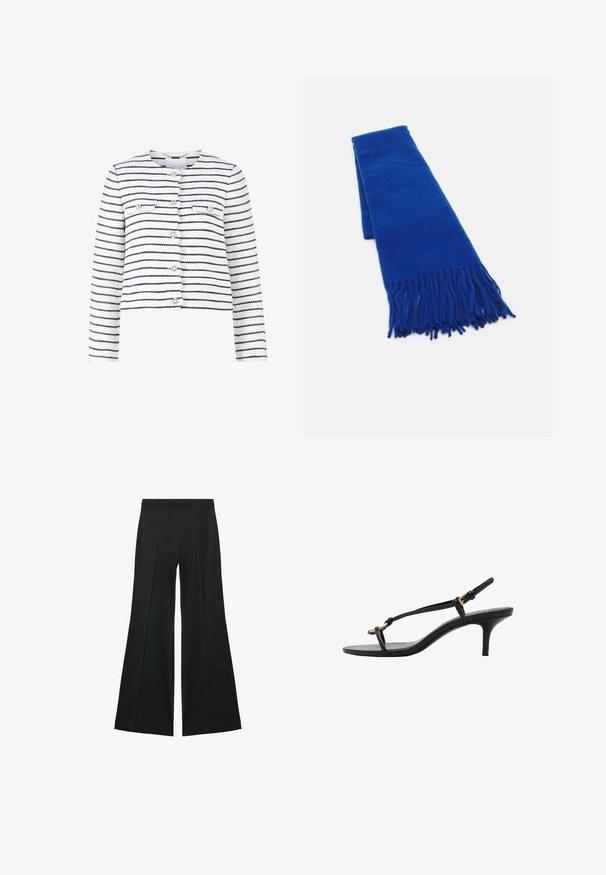 Bela skrajšana jakna z mornarsko modrimi črtami, ki ima sprednje žepe, zlate gumbe in teksturirano blago. Enostaven okrogel ovratnik, dolgi rokavi.; Črna majica z dolgimi rokavi iz gladkega materiala, z klasičnim ovratnikom, sprednjim zapiranjem na gumbe z zlatimi gumbi in širokimi manšetami.; Črne široke hlače z gladko teksturo, ki imajo sprednje nabore in kroj po meri. Tkanina je lahka in zračna.; Črne usnjene sandale s kitten peto, tankimi trakovi, zlate zaponke in minimalistično zanko za prste na beli podlagi.; Modra tkana šal s resicami na koncih, gladka tekstura, pravokotna oblika in enotna barva po celotni dolžini. Primeren za hladno vreme.