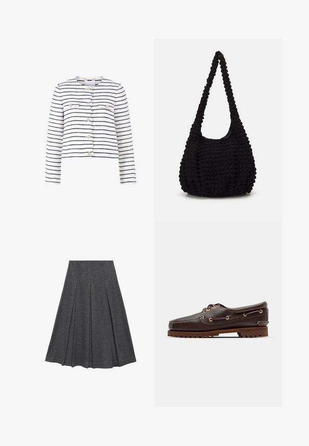 Biely skrátený kabát s námorníckymi pruhmi, s prednými vreckami, zlatistými gombíkmi a textúrovanou tkaninou. Jednoduchý okrúhly výstrih, dlhé rukávy.; Skrátená košeľa s gombíkmi s modro-bielymi vertikálnymi pruhmi a textúrovaným povrchom, špicatým golierom a manžetami na jeden gombík.; Šedá plisovaná sukňa s rozšíreným tvarom, vyrobená z jemnej látky. Obsahuje vertikálne plisovanie a hladký pás pre upevnený vzhľad.; Hnedé kožené loďkové topánky so zlatými očkami, okrúhlymi šnúrkami a štruktúrovanou hnedou gumovou podrážkou. Obsahuje prešívané detaily a vyvýšené logo.; Čierna textúrovaná taška z látky s jedným skrúteným popruhom, ktorá má nadýchaný tvar a nariasený povrch.