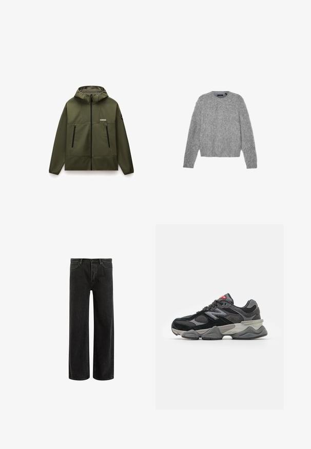 Olijfgroene, gewatteerde jas met capuchon, gemaakt van gladde, flexibele stof, met een ritssluiting aan de voorkant, twee zwarte ritszakken en een gestructureerde kraag.; Grijze, lange mouwen sweatervan donzige stof met een ronde hals en een cropped fit. Gladde textuur met een zachte, lichte uitstraling.; Groene katoenen t-shirt met korte mouwen, geribbelde ronde hals en geborduurd Nike-logo op de borst. Soepele textuur en een ontspannen pasvorm.; Zwarte denims met wijde benen en een hoge taille, met een klassiek vijf zakken ontwerp en subtiele vervaging voor een textuur uitstraling.; Zwarte en grijze sneaker met een mix van suede en mesh materialen, dikke zool, opvallend logo en een rode accent op de tong.