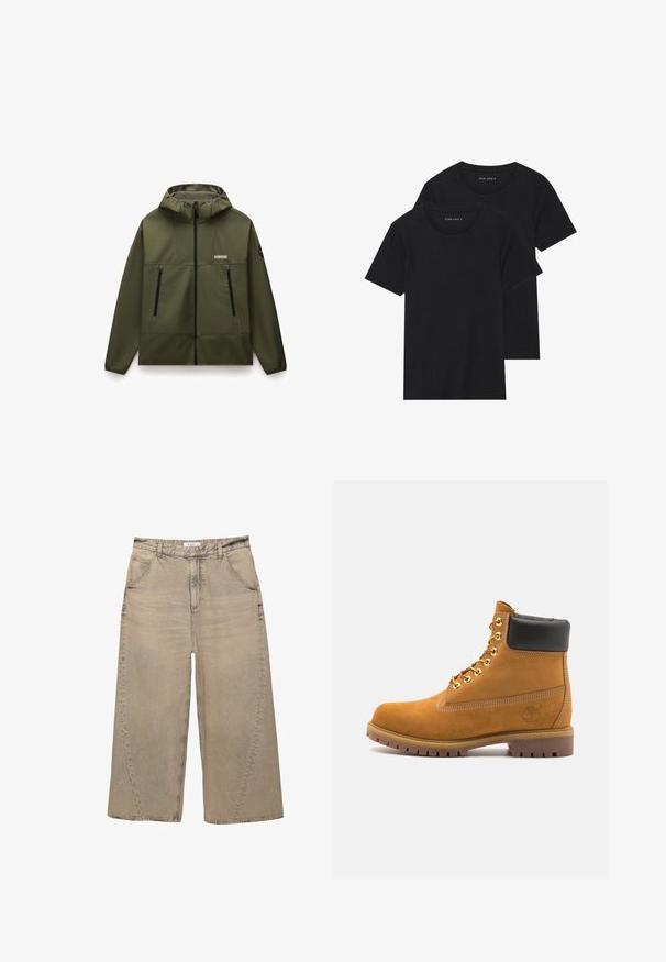 Vihreä oliivi, hupullinen takki, joka on valmistettu sileästä ja joustavasta kankaasta. Takissa on etuvetoketju, kaksi mustaa vetoketjullista taskua ja teksturoitu kaulus.; Kaksi mustaa puuvillapaitaa lyhyillä hihoilla, pyöreällä kauluksella ja sileällä pinnalla, esillä päällekkäin.; PULL&BEAR MEGA BAGGY - Baggy-farkut - light grey; Valkoinen nahkainen nilkkuri mustalla pehmustetulla kauluksella, kultaisilla metallisilla rei'illä, valkoisella ompeluksella ja jykevällä kumipohjalla, jossa on selvästi näkyvät urat.