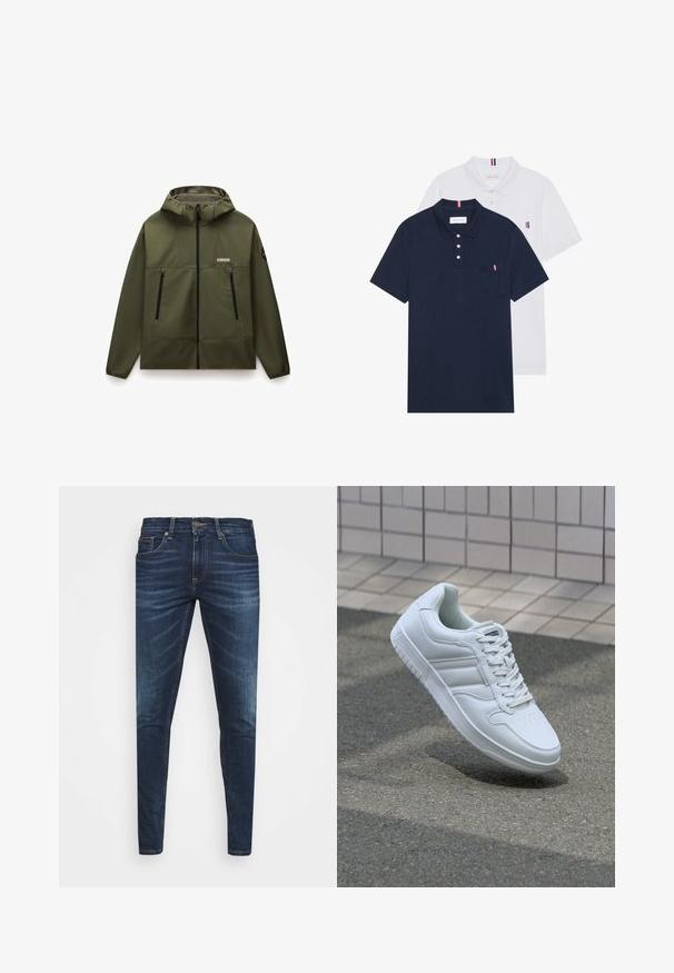 Olive green, hooded jacket made of smooth, flexible fabric, featuring a front zipper, two black zip pockets, and a textured collar.; Two polo shirts: one navy blue and one white, both with a small red, white, and blue accent on the chest pocket and collar.; Dark blue denim jeans with a slim fit, subtle fade, five pockets, and a metal button closure. Stitched accents in contrasting color.; White athletic sneaker with smooth leather upper, lace-up front, perforated toe, and patterned sole. Minimalist design with three side stripes.