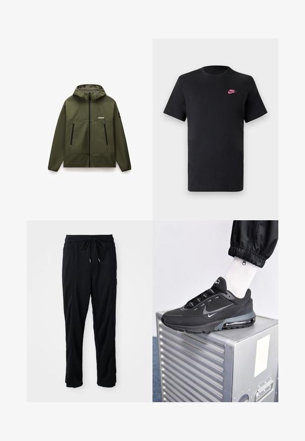 Olijfgroene, gewatteerde jas met capuchon, gemaakt van gladde, flexibele stof, met een ritssluiting aan de voorkant, twee zwarte ritszakken en een gestructureerde kraag.; Zwarte katoenen T-shirt met een ronde halslijn en korte mouwen. Bevat een roze Nike-logo aan de bovenkant aan de linkerzijde. Glad textuur.; Zwarte casual broek met koord in de taille, met zijzakken en rechte pijpen op een effen achtergrond.; Nike Sportswear PULSE - Sneakers laag - black/anthracite