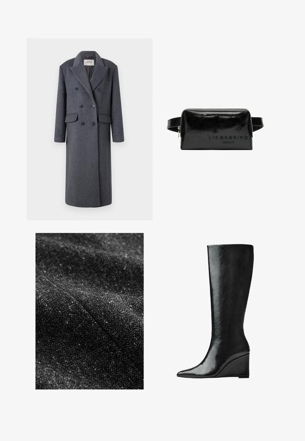 Replay JACKET - Klassischer Mantel - dark gray; Grauer langärmeliger Knopf-Cardigan mit rundem Ausschnitt, gerippten Bündchen und Saum, flach auf elfenbeinfarbenem Hintergrund ausgestellt.; Langärmliges T-Shirt mit Rundhalsausschnitt in Cremefarbe aus weichem Material. Verfügt über einen geraden Schnitt und ein minimalistisches Design ohne Verzierungen.; Schwarzer, strukturierter Stoff mit eingewebten helleren Fäden, der ein weiches, gewebtes Erscheinungsbild und ein dezentes, abwechslungsreiches Muster zeigt.; Knöchelhohe schwarze Lederstiefel mit schlanker, spitzer Zehenform und Wedge-Absatz. Die Oberfläche ist glatt mit einem glänzenden Finish.; Schwarze Leder-Kosmetiktasche mit glatter Oberfläche, rechteckiger Form und eingeprägtem "LIEBESKIND BERLIN"-Logo auf einer Seite. Verfügt über einen Reißverschluss.