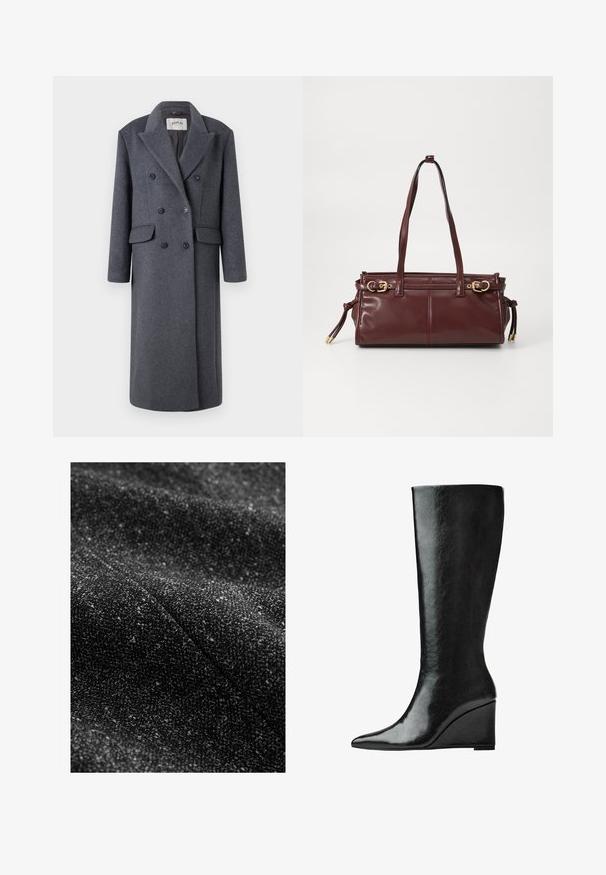 Replay JACKET - Klasický kabát - dark gray; Šedý dlouhý rukáv cardigan s knoflíky, kulatým výstřihem, žebrovanými manžetami a lemem, vystavený na bílém pozadí.; Dlouhý rukáv, top s kulatým výstřihem v krémové barvě, vyrobený z měkké látky. Disponuje rovný střihem a minimalistickým designem bez ozdob.; Černá texturovaná látka s propletenými světlejšími flíčky, která vykazuje jemný tkaný vzhled a subtilní, různorodý vzor.; Černé kožené boty do půlky lýtek s úzkou, špičatou špičkou a klínovým podpatkem. Povrch je hladký s lesklým finišem.; Bourgonská kožená kabelka se dvěma ramenními popruhy, zlatými kovovými detaily a zipovým uzávěrem. Vyznačuje se hladkou texturou a jemnými švy.