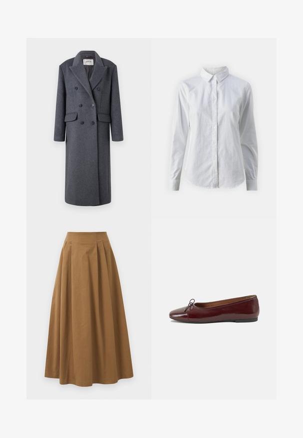Replay JACKET - Classic coat - dark gray; White button-up shirt made of smooth cotton, featuring a classic collar, long sleeves, and a curved hem. Buttons are small and white.; Brown cotton A-line skirt with a high waist, featuring pleats down the front and a smooth texture. Hem finishes are clean and simple.; Burgundy patent leather ballet flat with a rounded toe, small bow accent at the front, and a low, black rubber sole. Smooth texture.