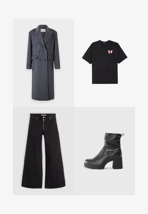 Replay JACKET - Klassikaline mantel - dark gray; Must muströöpidega must puuvillane T-särk, vasakul rinnal on väike roosa liblikas. Ümar kaelus ja vabalt istuv lõige.; Laiad teksad mustast denimist, millel on lukuga eesmine osa, viie taskuga disain ja peened õmblusdetailid. Sile tekstuur ja juhuslik stiil.; Mustad mustad ansapüksid, mis on valmistatud siledast nahast, külje zipperiga, paksu tekstuuriga kontsaga ja ümmarguse nina disainiga.