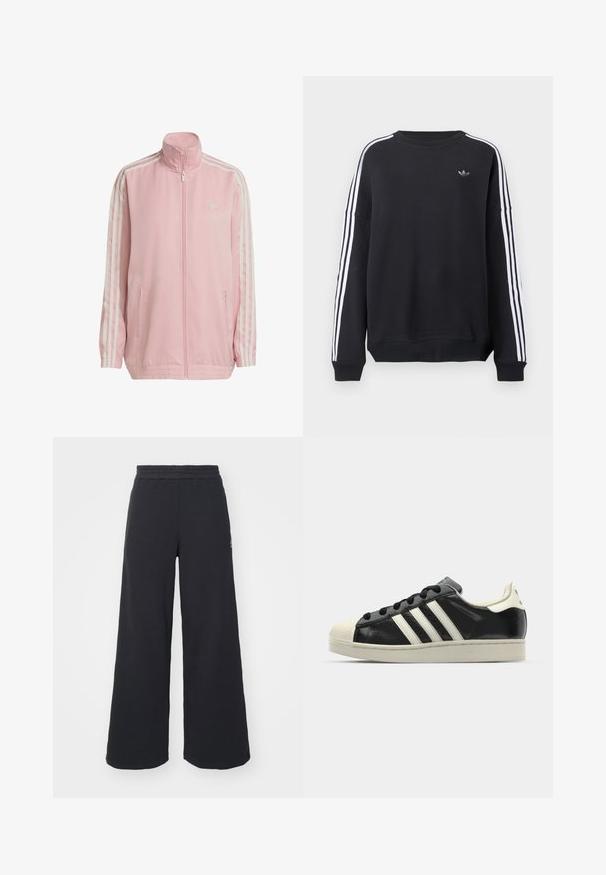 Rosa treningsjakke laget av glatt stoff, har høy krage, hel glidelås, to sidelommer og tre hvite striper på hver erme.; Svart genser med lange ermer, hvite striper langs hver arm og en liten grå logo på brystet. Laget av bomull, avslappet passform.; Svart bukse med vid benvidde laget av myk stoff, med elastisk midjebånd og en liten logo på venstre side.; Svarte skinnsneakers med hvite striper, gummitopp, svarte lisser og en kremfarget såle. Glatt tekstur med blank finish.