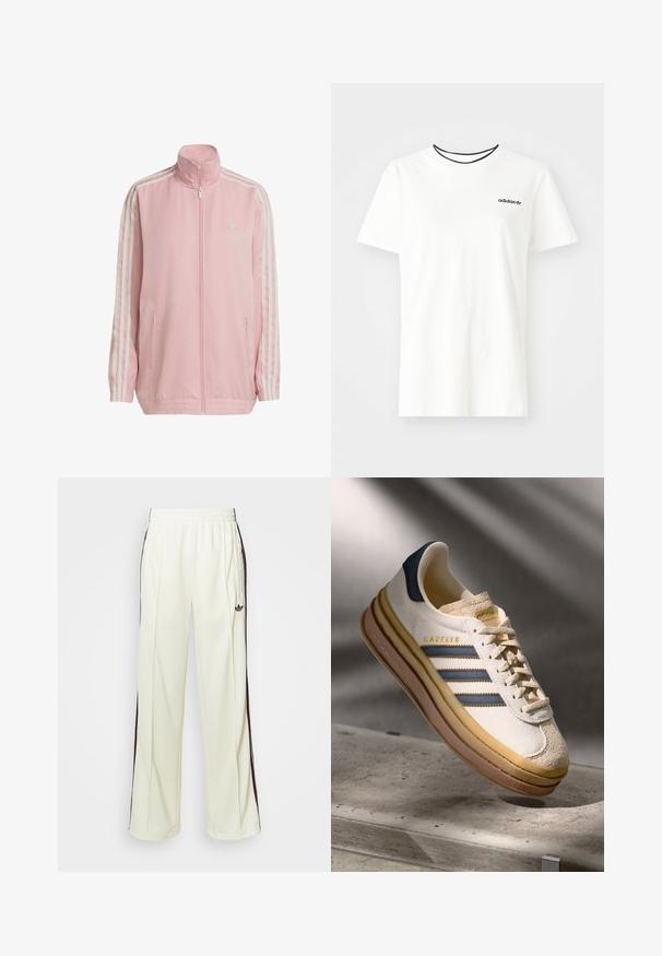 Casaco de track rosa feito de um tecido suave, apresenta colarinho alto, fecho de correr completo, dois bolsos laterais e três riscas brancas em cada manga.; T-shirt de algodão branca com mangas curtas e decote redondo. Apresenta um logo preto da Adidas no peito e uma gola interna preta em contraste.; Calças de moletom de cor creme com um ajuste descontraído, apresentando riscas laterais castanhas-escuras e um logótipo bordado na coxa esquerda.; Sapatilha Adidas Gazelle com parte superior em camurça creme, detalhes em couro azul, três riscas azuis, entresola bege e sola de borracha castanha.