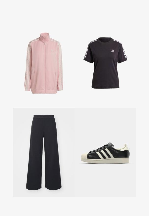 Casaco de track rosa feito de um tecido suave, apresenta colarinho alto, fecho de correr completo, dois bolsos laterais e três riscas brancas em cada manga.; T-shirt preto de algodão de mangas curtas com gola redonda, apresentando riscas brancas nos ombros e um pequeno logotipo branco da Adidas no peito.; Calças de fato largas, pretas, feitas de tecido macio, com uma cintura elástica e um pequeno logótipo do lado esquerdo.; Sapatilha de couro preto com riscas brancas, biqueira de borracha, atacadores pretos e sola na cor creme. Textura suave com acabamento brilhante.