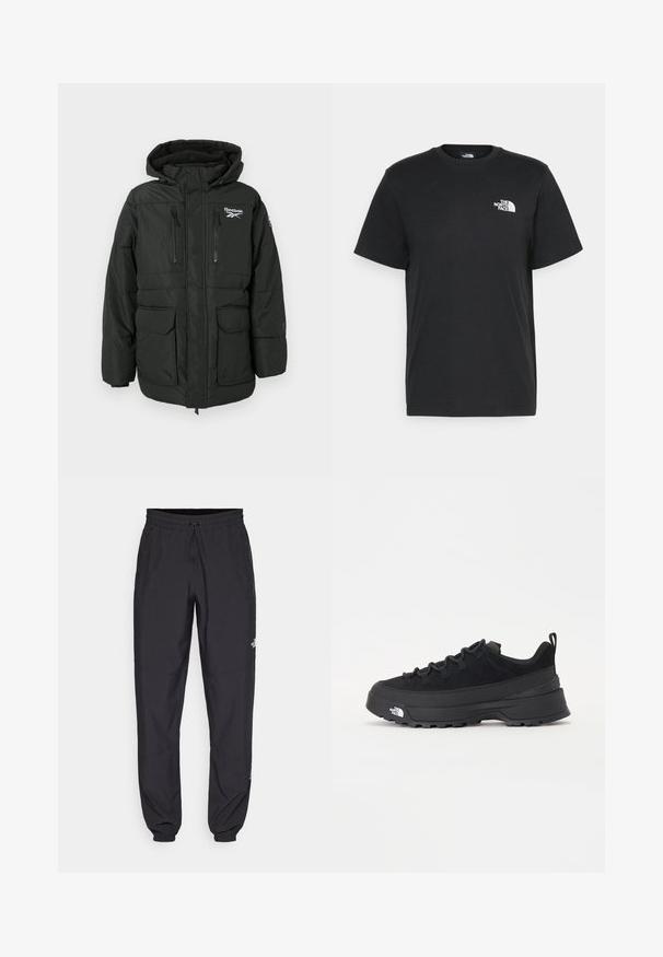 Giacca padded nera con cappuccio, dotata di un logo sul petto, due tasche sul petto con zip e due grandi tasche anteriori con pattina.; T-shirt nera in cotone con maniche corte, colletto a giro, e un piccolo logo bianco sul lato sinistro del petto. Design semplice, texture liscia e vestibilità rilassata.; Pantaloni sportivi neri realizzati in tessuto leggero, con vita regolabile con cordino, tasche laterali e orli affusolati alle caviglie.; Sneaker da esterno nera con parte superiore in suede, suola in gomma testurizzata e robusto sistema di allacciatura. Presenta un tallone rinforzato e il logo del marchio sul lato.