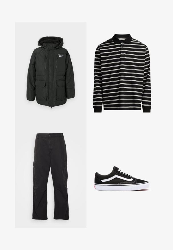 Sort polstret jakke med hætte, der har et logo på brystet, to lynlåslommer på brystet og to store forsætlommer med klap.; Langærmet polo skjorte lavet af sort stof med hvide vandrette striber, med en krave og tre knaplukninger.; Sorte cargo bukser med lige ben, der har to sidelommer, knaplukning og en struktureret stof.; Sort lærredssneaker med hvide detaljer, der har en rund tå, snørebåndsdesign og gummisål. Sidens logo og syninger er synlige.