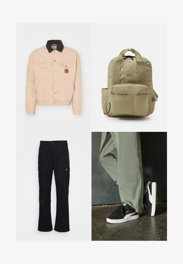 Ljusbeige denimjacka med brunt manchestertygskrage, guldfärgade knappar, två bröstfickor och en Carhartt-logotyp på vänster sida.; Vit bomullströja med korta ärmar, rund halsringning, med en liten guldlogotyp på vänster bröstområde. Mjuk textur och vanlig passform.; Svarta cargobyxor med rak ben-design, tillverkade av slitstarkt tyg, med sidfickor och en påsydd logotyp på vänster sida.; Svarta mockaskor med vita gummisulor och sidoväggar, kombinerade med ljusgröna cargobyxor, stående på en texturerad mörk yta.; Kaki ryggsäck med vadderade axelremmar, framficka och en rund logotyp. Tillverkad av slitstarkt tyg, med ett handtag på toppen och en sidoficka.