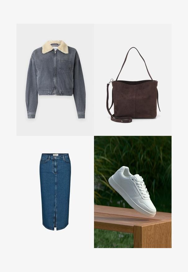 Zkrácená džínová bunda s vertikálními šedými a bílými pruhy, bílým umělým beránkem na límci, zapínáním na zip a jednou náprsní kapsou.; Dvě bavlněné crop topy v bílé a černé barvě. Každý má hluboký výstřih a tenké ramínka, s hladkou, měkkou texturou.; Džínová tužková sukně v tmavě modré barvě, s předním rozparkem, pěti kapsami a kontrastním prošíváním. Střední pas s klasickým designem.; Bílé tenisky s hladkým syntetickým svrškem, perforovanou špičkou, plochými tkaničkami a texturovanou podrážkou, vystavené na dřevěném povrchu.; Hnědá semišová taška přes rameno s jemnou texturou, vybavená jedním popruhem na rameno a decentním zakřiveným horním otvorem. Žádné viditelné detaily z hardware.