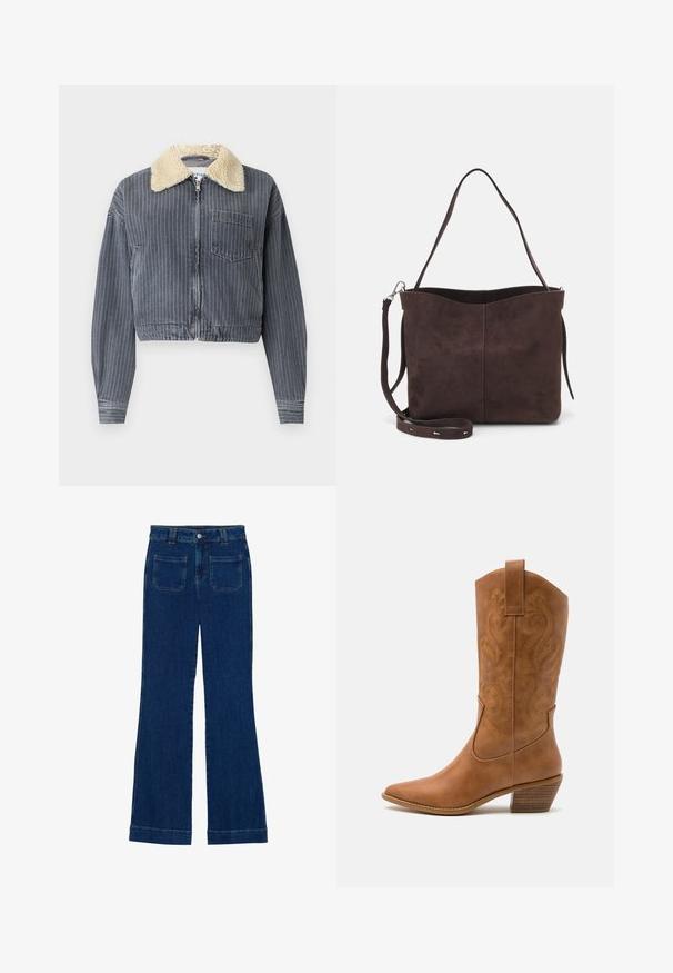 Lühendatud teksajakk vertikaalsete halli ja valge triipudega, valgest vale-karusnahast kraega, lukuga kinnitamine ja ühe rinna taskuga.; Kaks puuvillast crop topi, valge ja must. Igal on sügav kaelus ja õhukesed õlapaelad, ning need on valmistatud siledast, pehmest materjalist.; Tumedat sinised flared teksad, millel on sile tekstuur, viie tasku disain ja nupuga kinnitamine vööl.; Kohvitooni nahast cowboy-kork, millel on terav varvas, tikitud keerised varrel ja virnastatud ploki konts. Omab tõmbeava, et seda oleks lihtne jalga panna.; Pruun nubukist kott pehme tekstuuriga, millel on üks õlavarre rihm ja peene kumer ülemine ava. Nähtavaid metallosi pole.