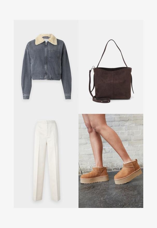 Giacca di jeans tagliata con strisce verticali grigie e bianche, colletto in finta pelliccia bianca, chiusura con zip e una tasca sul petto.; Due top in cotone, uno bianco e uno nero. Ognuno ha un profondo scollo e spalline sottili, con una texture liscia e morbida.; Pantaloni color crema con vestibilità sartoriale, dotati di gamba dritta, tessuto liscio, pince frontali e orlo pulito. Design minimalista.; Stivali alla caviglia in suede marrone con una fodera morbida, suola platform spessa beige e un'asola posteriore. Superficie testurizzata con dettagli di cucitura ben visibili.; Borsa a spalla in suede marrone con una texture morbida, caratterizzata da una singola tracolla e un'apertura superiore leggermente curvata. Nessun dettaglio hardware visibile.