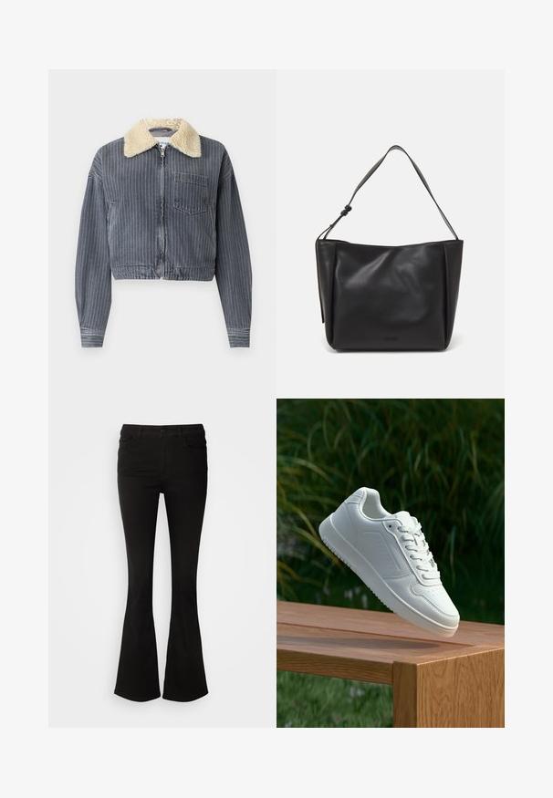 Gesneden spijkerjack met verticale grijs en witte strepen, witte nepbont kraag, ritsluiting en één borstzak.; Zwarte top met een solide lichaam en doorschijnende, uitlopende mouwen. Heeft strikaccenten bij de manchetten. Gemaakt van een gladde stof met een getailleerd ontwerp.; Zwarte flarebroek van rekbare stof, met een tailleband met riemlussen en voorzakken, een zachte textuur en een getailleerde pasvorm tot de knie.; Witte sneaker met een gladde synthetische bovenkant, geperforeerde neus, platte veters en een gestructureerde zool, tentoongesteld op een houten oppervlak.; Calvin Klein GRACIE MEDIUM - Handtas - black