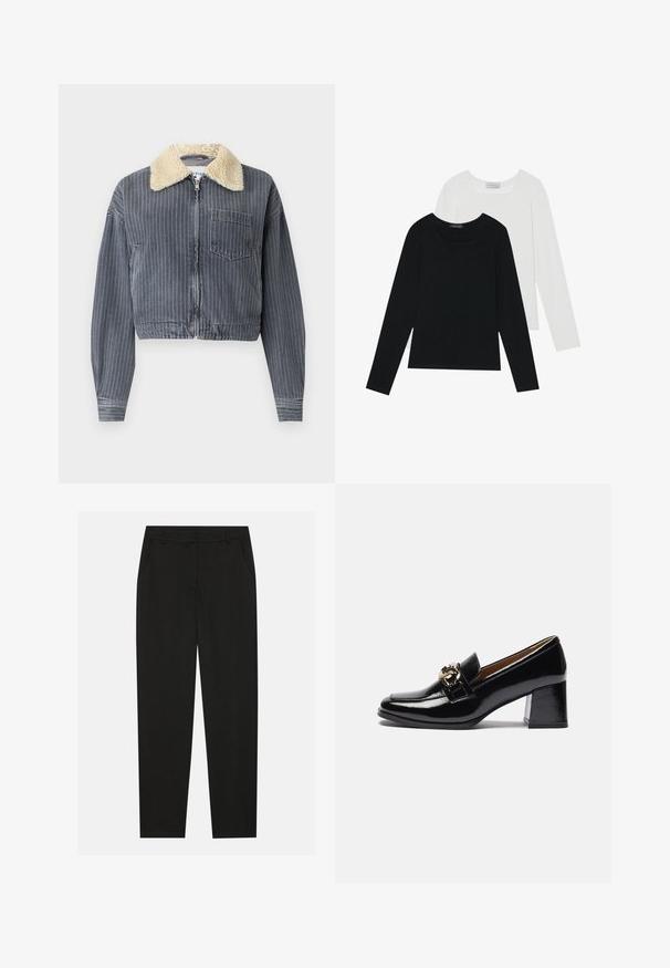 Beskåret denimjakke med lodrette grå og hvide striber, hvid faux shearling krave, lynlåslukning og en enkelt brystlomme.; To lange skjorter med lange ærmer, en sort og en hvid, begge med firkantet halsudskæring og lavet af blødt, strækbart stof.; Sorte bukser med en skræddersyet design, der har sidelommer og lige ben. Lavet af glat, letvægtsstof med en elegant finish.; Sorte patentlæder hæl loafers med rund tå, kraftigere hæl og en guldfarvet hardwaredetalje på den forreste rem.