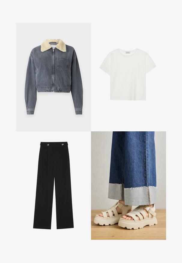 Gesneden spijkerjack met verticale grijs en witte strepen, witte nepbont kraag, ritsluiting en één borstzak.; Witte T-shirt met korte mouwen, gemaakt van zachte katoen. Heeft een ronde halslijn en een relaxte pasvorm. Schoon ontwerp zonder zichtbare patronen of accenten.; Zwarte wijde broek met hoge taille, knoopdetails op de tailleband en plooien aan de voorkant.; Beige platform sandalen met dikke zolen hebben een gestructureerd ontwerp en verstelbare enkelriemen. Gecombineerd met brede denim broeken, waarvan één zoom is geverfd.