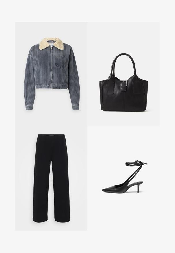 Gekürzte Jeansjacke mit vertikalen grau-weißen Streifen, weißem Kunstfellkragen, Reißverschluss und einer Brusttasche.; Schwarzes Baumwoll-T-Shirt, kurze Ärmel, Rundhalsausschnitt, lässige Passform, glatte Textur, einfaches Design, keine Muster oder Akzente.; Schwarze weit geschnittene Hose mit elastischem Bund. Hergestellt aus einem strukturierten Material, mit lockerer Passform und geradem Schnitt von der Hüfte bis zum Saum.; Schwarzer Leder-Stiletto mit spitzem Zehenbereich, offenem Fersenbereich und mit einer Schleife gebundenen Knöchelriemen. Schlanker 3-Zoll-Absatz. Glatte Textur, minimalistisches Design.; Schwarze Leder-Tote mit glatter Textur, strukturiertem Design, zwei Griffen und einem auffälligen silbernen Schnallen-Detail auf der Vorderseite.