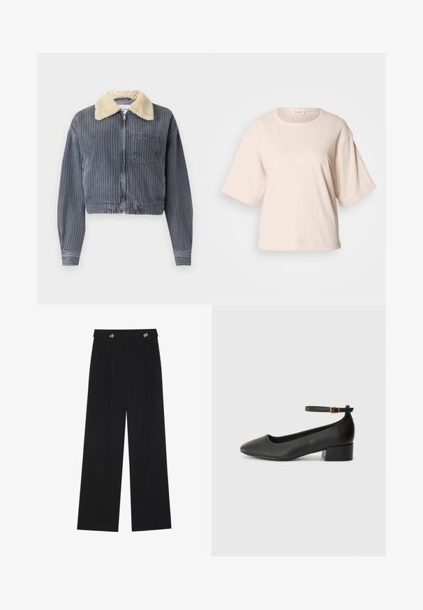 Gekürzte Jeansjacke mit vertikalen grau-weißen Streifen, weißem Kunstfellkragen, Reißverschluss und einer Brusttasche.; Hellbeige T-Shirt mit kurzen Ärmeln, aus weicher Baumwolle gefertigt. Verfügt über einen runden Halsauschnitt und einen lockeren Schnitt mit umgeschlagenen Ärmeln. Minimalistisches Design.; Schwarze weite Hosen mit hoher Taille, Knopfdetails am Bund und vorderen Falten.; Schwarze Lederpumps mit spitzem Zehenbereich und niedrigem Blockabsatz. Mit einem Knöchelriemen und einer goldfarbenen Schnalle. Glatte Textur.