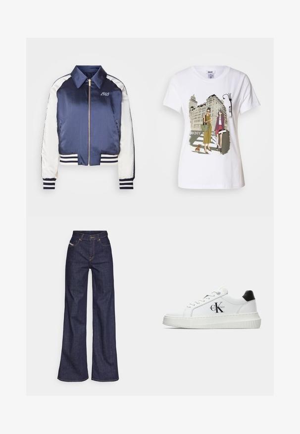 Veste bomber en satin marine avec des manches blanches, des poignets et un ourlet côtelés, une fermeture éclair dorée et un "1985" brodé sur la poitrine.; T-shirt en coton blanc avec une illustration imprimée de deux femmes en styles de mode urbaine, accompagnées d'un chien sur un passage piéton, avec des bâtiments de la ville en arrière-plan.; Jeans ample bleu foncé en denim avec taille haute, ornés de surpiqûres orange, d'un design à cinq poches et d'une fermeture à bouton.; Baskets basses blanches avec un tab de talon noir, semelle plateforme, lacets et logo "CK" de Calvin Klein sur le côté.