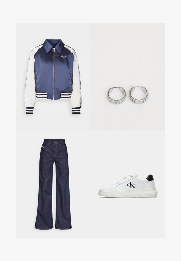 Veste bomber en satin marine avec des manches blanches, des poignets et un ourlet côtelés, une fermeture éclair dorée et un "1985" brodé sur la poitrine.; T-shirt en coton blanc avec une illustration imprimée de deux femmes en styles de mode urbaine, accompagnées d'un chien sur un passage piéton, avec des bâtiments de la ville en arrière-plan.; Jeans ample bleu foncé en denim avec taille haute, ornés de surpiqûres orange, d'un design à cinq poches et d'une fermeture à bouton.; Baskets basses blanches avec un tab de talon noir, semelle plateforme, lacets et logo "CK" de Calvin Klein sur le côté.; Boucles d'oreilles en argent en forme de créole avec un design texturé comportant des rayures verticales. Forme circulaire avec un fermoir à attache sécurisée. Fini lisse.