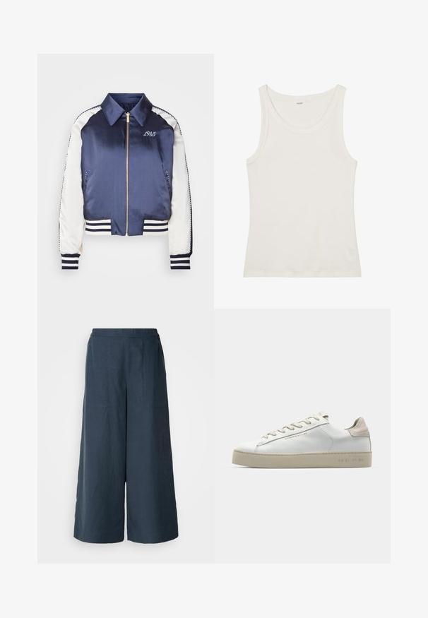 Kék selyem bomberdzseki fehér ujjal, bordázott mandzsettákkal és hímzett "1985" logóval a mellrészen, arany cipzárral.; Fehér pamut ujjatlan felső széles nyakkivágással és vékony pántokkal. Sima felület, látható minták vagy díszítések nélkül.; Sötétkék, bőszárú nadrág könnyű anyagból. Enyhén texturált felülettel, rugalmas derékkal és elülső varratokkal rendelkezik.; Fehér bőr sportcipő sima felülettel, bézs velúr díszítéssel, kerek orrrésszel, lapos fűzős kivitelben, és mintás gumitalppal.