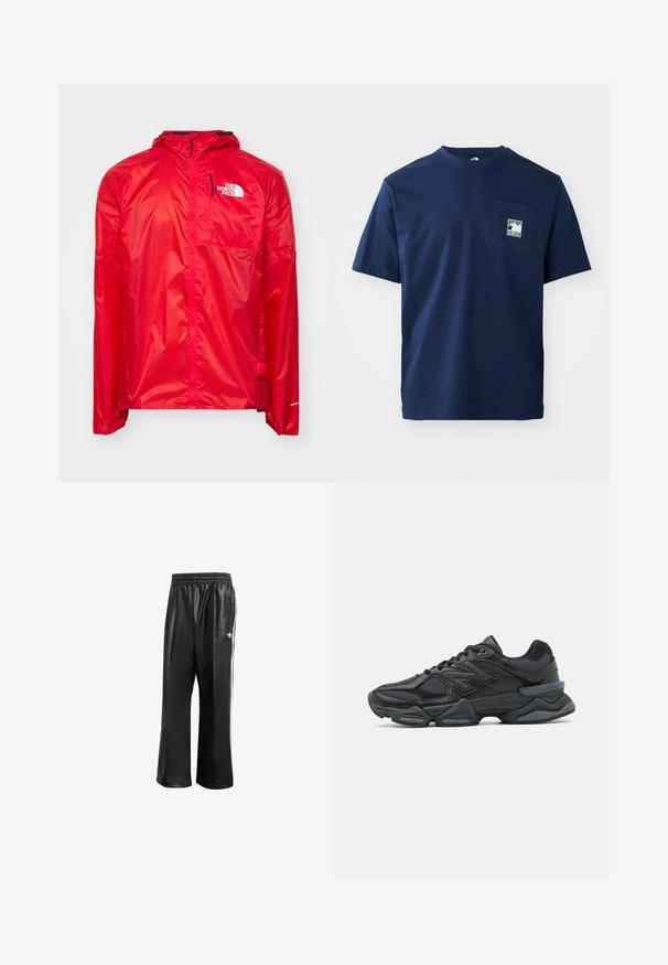 The North Face WINDSTREAM SHELL - Windbreakers - high risk red; The North Face MOUNTAIN LOGO RELAXED POCKET TEE - T-shirts basic - summit navy; Sorte syntetiske træningsbukser med elastisk talje, prydet med hvide side-striber og et lille hvidt logo på venstre hofte.; Sorte løbesko med en blanding af mesh og syntetiske materialer, kraftig sål, buet design og fremtrædende branding på siden.