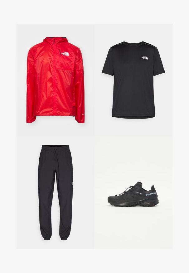 The North Face WINDSTREAM SHELL - Veste coupe-vent - high risk red; T-shirt noir à manches courtes en tissu léger. Présente un petit logo blanc sur la poitrine gauche et des accents subtils aux épaules.; Pantalon de sport noir en tissu léger, avec une taille à cordon, des poches latérales et des chevilles resserrées.; Chaussure de trail running noire avec une tige texturée, des lacets élastiques et une semelle extérieure Contagrip. Présente un ajustement serré et un pare-chocs protecteur.