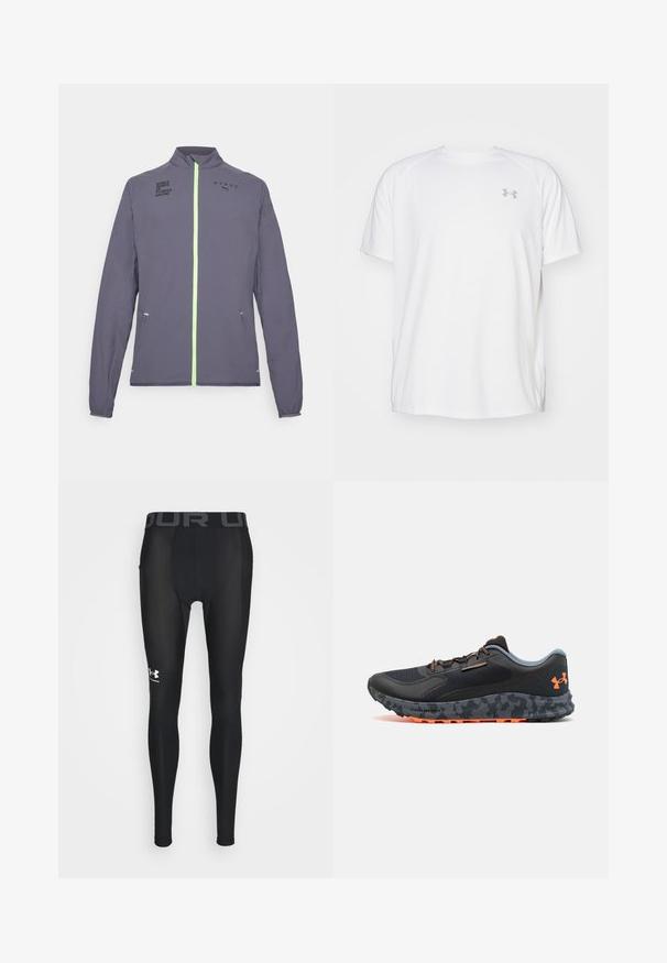 Šedá športová bunda s vysokým golierom, neónovo zeleným zipsom a potlačenými logami. Obsahuje bočné vrecká a elastické manžety.; Biele atletické tričko s krátkym rukávom vyrobené z hladkej tkaniny. Má okrúhly výstrih a šedé logo na ľavej hrudi, so štrbinami po stranách na leme.; Čierne kompresné legíny vyrobené z hladkého, flexibilného materiálu, s širokým elastickým pásom a šedým logom "UNDER ARMOUR", stylizovaným logom na dolnej časti nohavíc.; Čierna športová obuv s textúrovaným zvrškom, sivými akcentmi, oranžovými detailmi, podrážkou s camo vzorom a šnurovacím systémom pre bezpečné uchytenie.