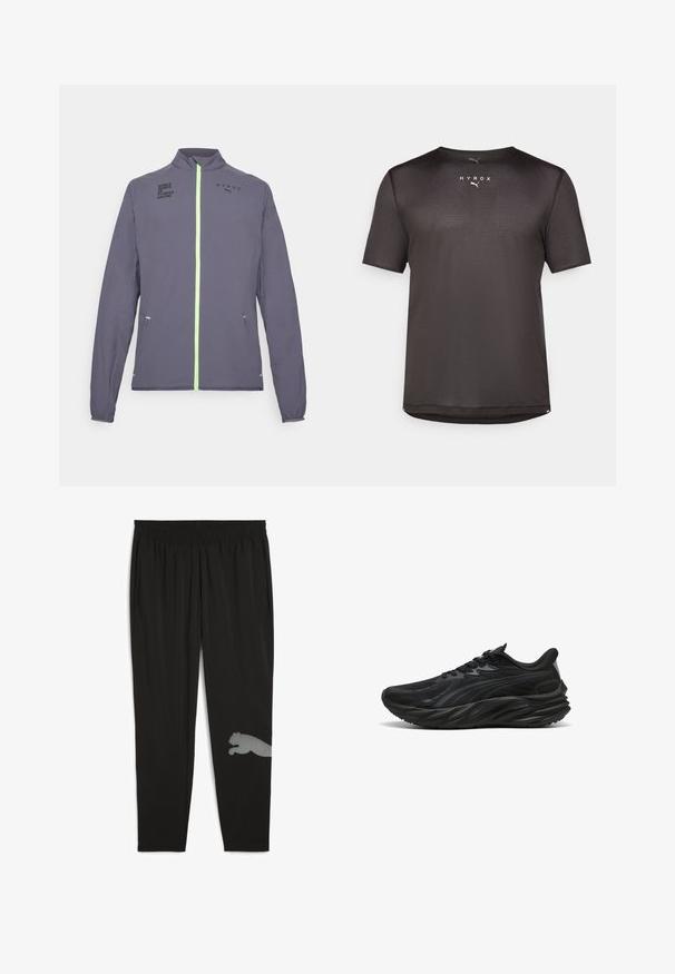 Pilkas sportinis džemperis su aukštu apykakle, neoninės žalios spalvos užtrauktuku ir atspausdintais logotipais. Su šoninėmis kišenėmis ir elastingomis rankovėmis.; Juoda trumpa rankove sportinė marškinėliai, pagaminti iš tekstūruoto tinklelio audinio. Turi apykaklę su apvaliu iškirpimu ir spausdintą "HYROX" logotipą priekyje.; Juodos sportinės kelnės, pagamintos iš lengvos medžiagos. Sukurtos su elastinga juosmena, šoninėmis kišenėmis ir atspindinčiu pumos dizainu ant apatinės kojos.; Juodas sportinis batas su tekstūruotu viršumi, išlenktu padu ir sustiprintu kulnu. Yra raišteliai ir subtilus šoninis dizaino elementas.