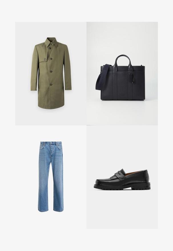 Płaszcz oliwkowozielony z kołnierzem, dwurzędowymi guzikami i kieszeniami po bokach. Posiada jedną kieszeń na piersi i prostą sylwetkę.; Czarny sweter z golfem wykonany z gładkiej dzianiny. Posiada długie rękawy, dopasowany kołnierz oraz ściągacze przy mankietach i u dołu, co zapewnia snug fit.; Jasnoniebieskie dżinsy o prostym kroju, pięć kieszeni, zapięcie na guzik, minimalne blaknięcia i kontrastowe wykończenia szwów.; Czarne skórzane mokasyny mają wyraźny szew, dwa dekoracyjne paski na górze oraz grubą, teksturowaną podeszwę dla lepszej przyczepności.; Ciemnogranatowa skórzana teczka z podwójnymi rączkami u góry i odpinanym paskiem. Posiada teksturowane wykończenie, pionowe przeszycia oraz detal z logo.