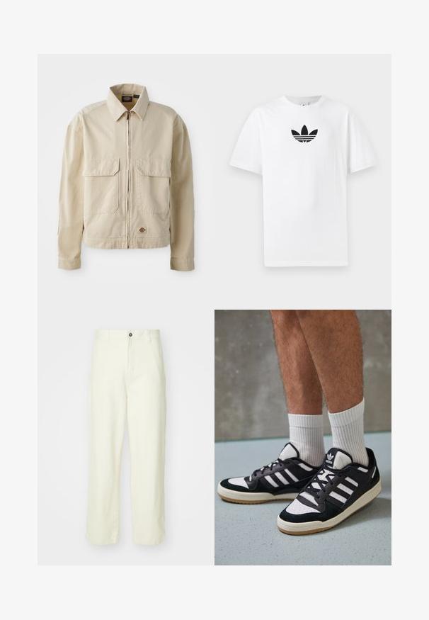 Világos bézs színű, könnyű dzseki cipzáros elülső résszel, két mellzsebbel és egy apró logóval az alján. Tartós pamutszövetből készült.; Fehér pamut póló, középen fekete Adidas logóval. Rövid ujjú és kerek nyakú kialakítással. Sima textúra.; Világos sárga pamut nadrág, egyenes szabású, elől gombos záródással, övhurkokkal és letisztult, minimalista dizájnnal.; Fekete-fehér tornacipők velúr és bőr felsőrésszel, három fehér csíkkal, perforált orral és gumi talppal.