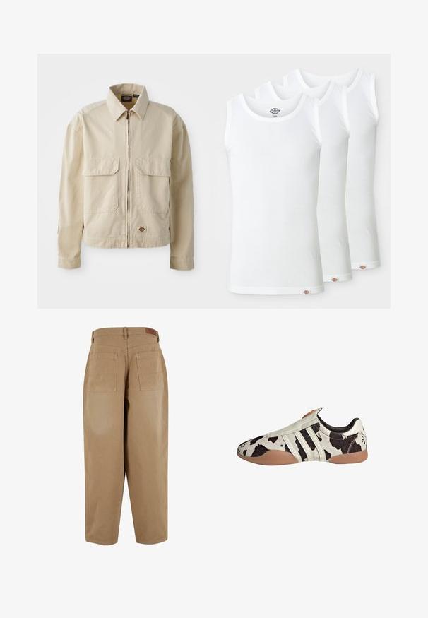 Bež, lagana jakna s patentnim zatvaračem, dva džepa na prsima i malim logom na rubu. Izrađena je od izdržljive pamučne tkanine.; Tri bijele majice bez rukava od rebrastog pamuka. Svaka ima okrugli izrez i mali logotip na rubu. Klasičan, jednostavan dizajn.; Bež pamučne hlače s udobnim krojem, koje imaju dva stražnja džepa i oznaku na remenu. Tkanina ima glatku teksturu i minimalne detalje.; Cipele od kože s bijelo-crnim uzorkom i teksturiranim završetkom, s tri bijele horizontalne pruge i smešnim gumenim potplatom.