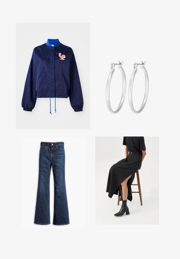 Tumes sinine lühike jakk sinise krae, elastsete mansettide, nööpide ja roosa kukegraafikaga ees. Sile ja kergest kangast.; Valge ribadega kampsun, ümarate kaelustega ja ilma varrukateta, sirge äärisega ning sileda, veniva struktuuriga.; Kõrgelt talje sinised teksapüksid, flöödid säärtedega, ees nupuga ja tõmbluku sulgemine ning viie-tasku disain.; Must mustriga mustri, kõrge lõhiku ja musta T-särgiga, koos mustade ankle kingadega. Minimalistlik disain, lõtv istuvus.; Hõbedased rõngaskõrvarõngad, millel on sile, läikiv viimistlus. Ümmargune kuju ja turvaline klõpsulatus. Kerge disain, sobib igapäevaseks kandmiseks.