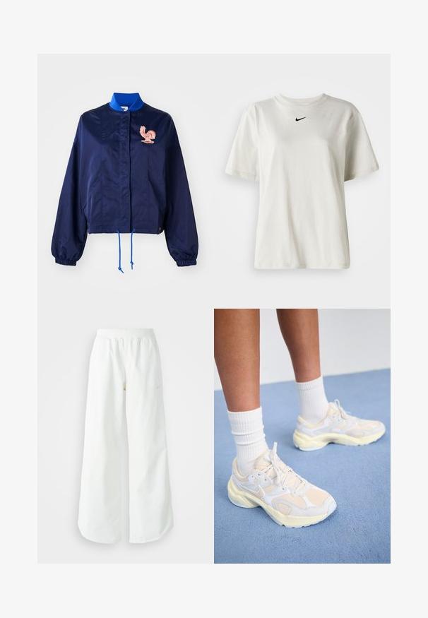 Geacă scurtă de marină cu guler albastru, manșete elastice, șnururi și un grafic cu un cocoș roz pe față. Material neted și ușor.; Tricou alb din bumbac cu guler rotund și mâneci scurte. Prezintă un mic logo Nike negru pe piept. Design simplu și fără ornamente.; Pantaloni atletici largi, alba, cu un talie elastica texturata si detalii subtile cu logo. Material neted, cu o croiala lejera si tiv conformat.; Pantofi sport eleganți, în galben deschis și alb, cu materiale din plasă și sintetice, o formă rotunjită și tălpi texturate.